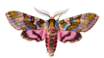 Pink and yellow moth with blue markings and feathery antennae © Isolde