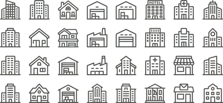 Structures icons provide a versatile array of building silhouettes in a precise line art format for technical documents.