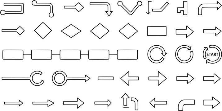 Set of flowchart elements and process diagram icons including arrow signs, geometric shapes and workflow symbols for business planning.