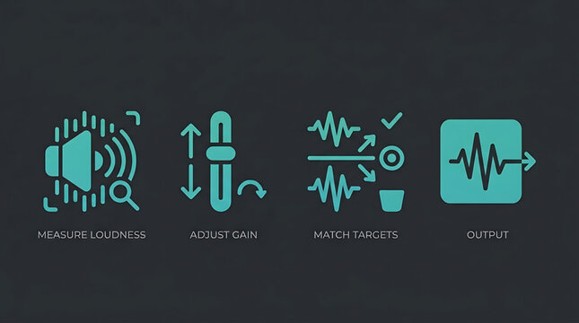 Set of Four Minimalist Teal Sound Engineering Icons Representing Audio Levels Adjustment and Sonic Signal Processing Workflow