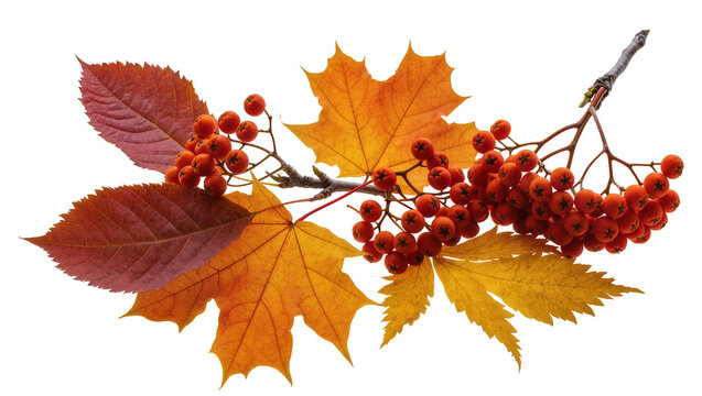 Rowan berries and autumn maple leaves on branch