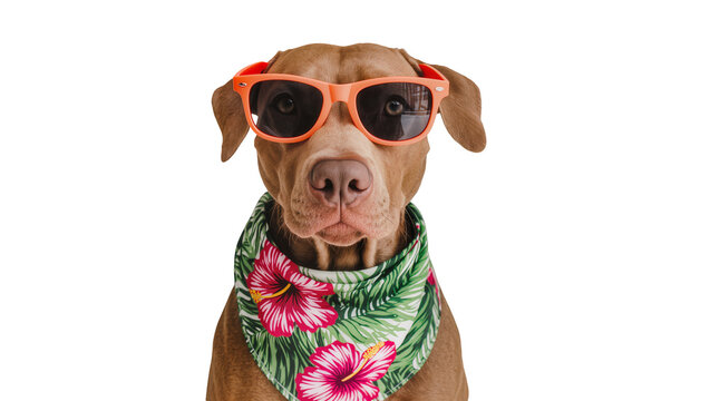 Brown dog wearing orange sunglasses and floral bandana