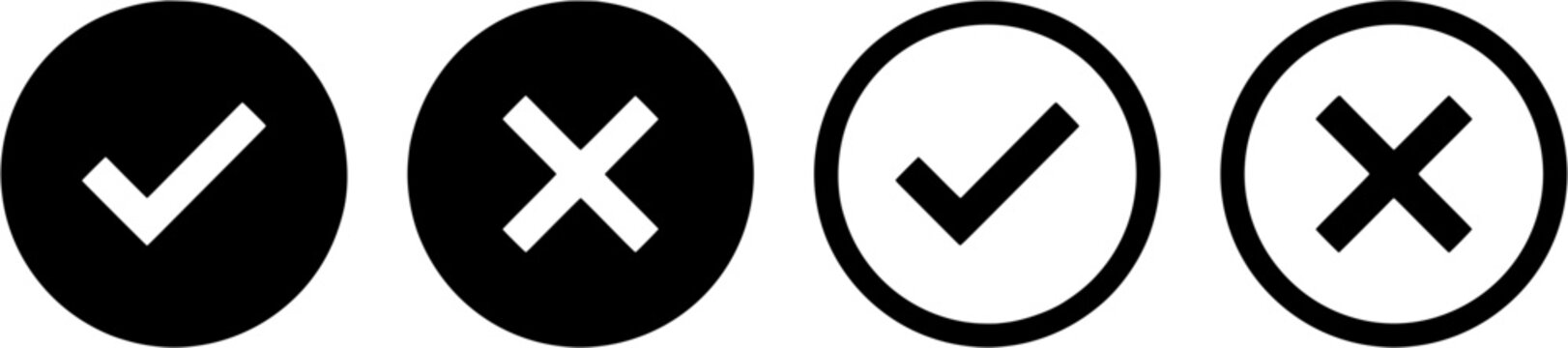 Set of flat check mark and cross mark icons in solid and outlined circular styles for user interface design