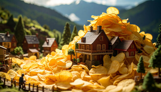 Miniature house buried under pile of potato chips in mountain village