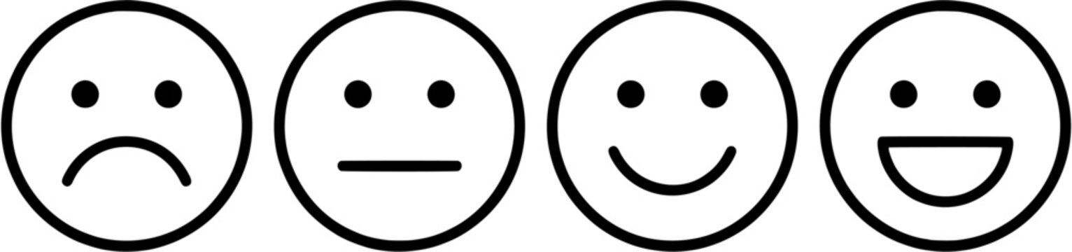 Set of four outline smiley faces showing different levels of emotion from sad to happy as a customer feedback rating scale