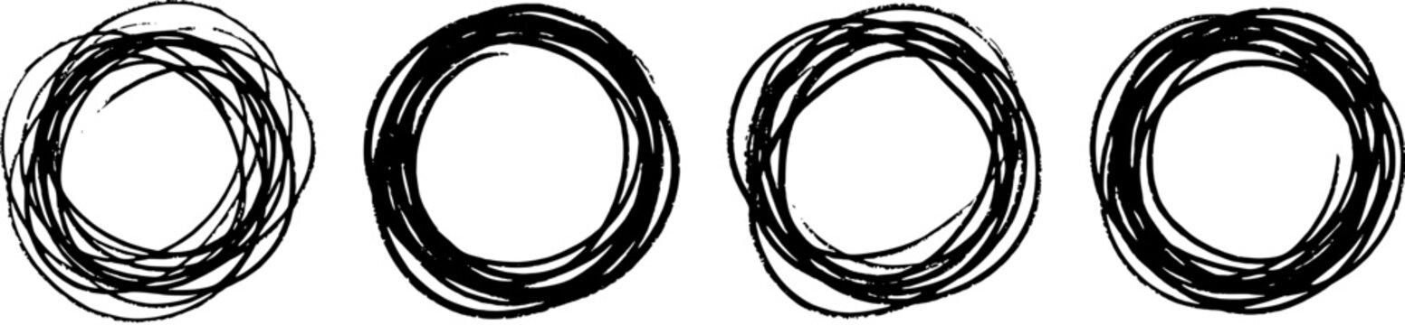 Set of four hand drawn charcoal scribble circles isolated on white background