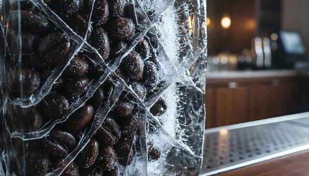Large textured ice block filled with coffee beans on a professional bar counter, close-up commercial shot