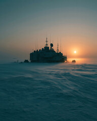 Obraz premium Warship At Sea Sunrise Scene