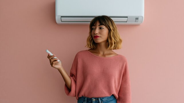 Woman using air conditioner remote in front of wall mounted ac unit for climate control background and appliance banner design