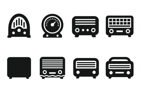 Vintage Radio Icons. Old tabletop radios. Filled icon set of old tabletop radios: curved wooden radio, tuner