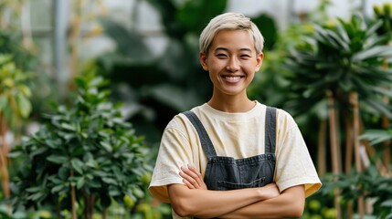Fototapeta premium Young gardener in a lush greenhouse smiling with crossed arms for plant care background and sustainable gardening banner design