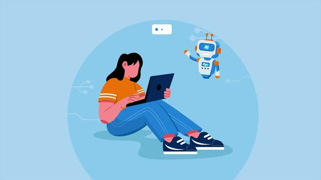 Video animation motion graphic of woman using tablet with AI productivity assistant 2D flat cartoon stock footage 4K high quality