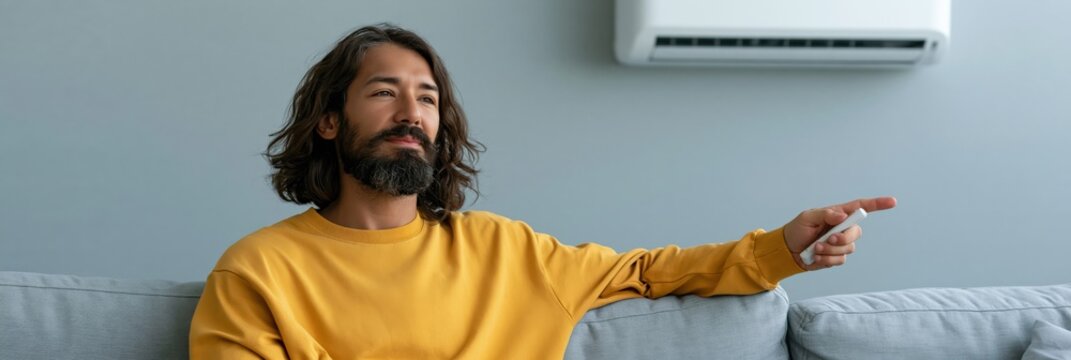 Smiling man pointing with remote at air conditioner on sofa for home comfort background and smart climate control design