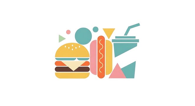 Colorful flat design illustration of classic fast food meal items including burger hotdog fries and drink