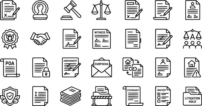Set of legal and law firm line icons representing document signing, court procedures, and official paperwork