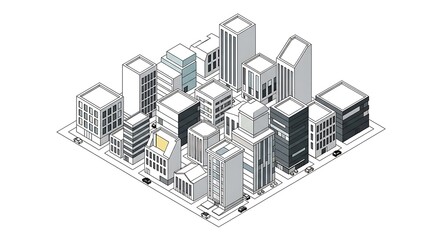 Naklejka premium Isometric cityscape with modern skyscrapers and low rise buildings in an urban grid layout