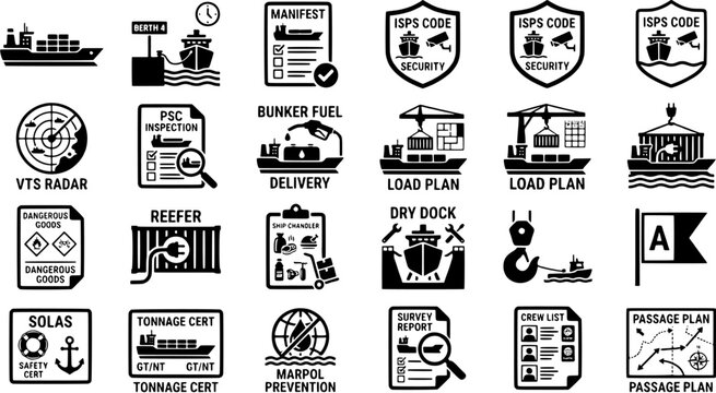 Set of shipping and maritime logistics icons representing port operations, safety compliance and vessel management procedures