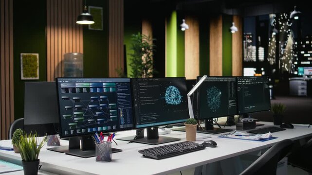 Computer in Silicon Valley company office used to automate app development tasks with machine learning. PCs in empty tech startup workplace leverage AI to accelerate feature implementation.