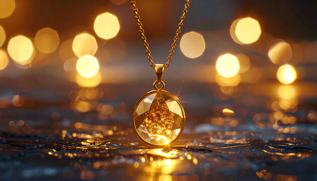 Golden necklace with sparkling crystal pendant on chain