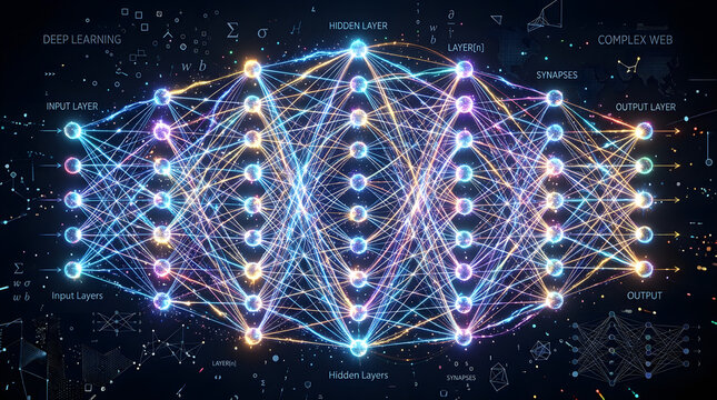 Neural Network Architecture Visualization: An intricate abstract digital visualization of a neural network, showcasing layers of nodes and connections with vibrant, glowing lines.