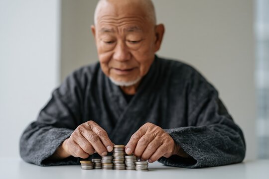 Elderly man counting stacked coins on table for retirement budgeting and personal finance planning background