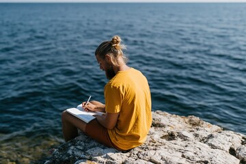 Fototapeta premium Young man with a top bun writing in a notebook on a rocky seaside by the ocean for journal background and creative retreat imagery