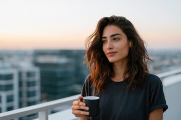 Obraz premium Young woman holding a black coffee mug on a balcony at sunrise for skyline background and thoughtful morning routine banner design