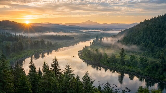 willamette. Willamette River winding through misty Oregon valley at sunrise. travel magazines, destination branding, designed for travel destination branding, used by clinicians.