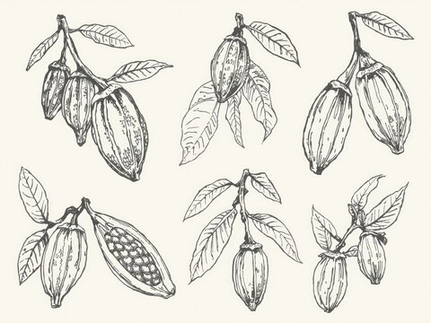 Hand drawn cocoa bean pods on branches with leaves set in vintage style sketch illustration for food design
