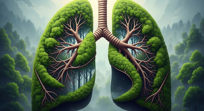 A creative illustration of human lungs made of green leafy trees with bronchi resembling tree branches