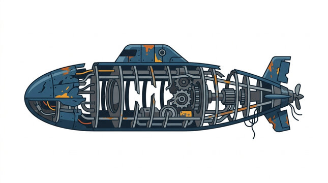 Cutaway illustration of a submarine showing internal mechanisms and engine.