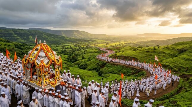 Devotees carrying a decorated palanquin during the Pandharpur Wari pilgrimage, Ashadi Ekadashi procession, cultural tradition of Maharashtra India