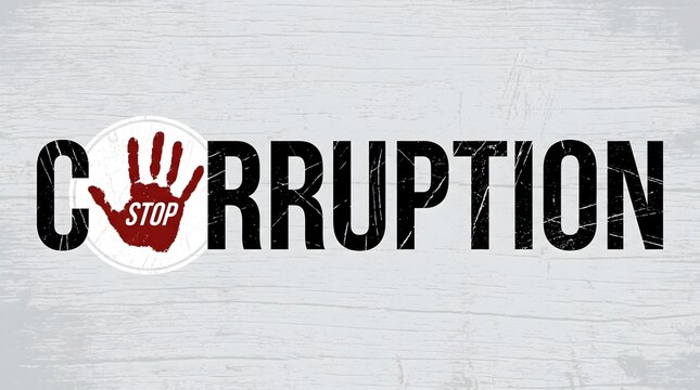 Stop corruption concept with red hand print and bold typography on a grunge background, symbolizing justice and anti bribery campaigns