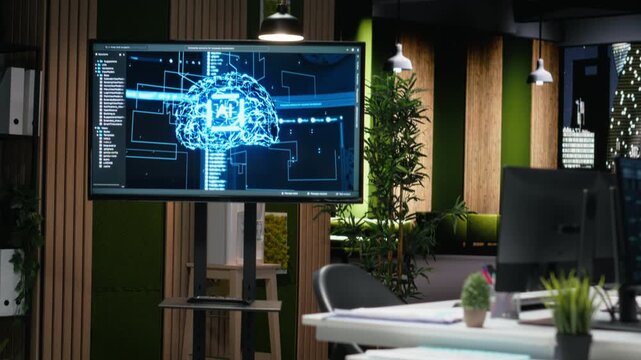 Computers in Silicon Valley office used to fix glitches in artificial intelligence systems. PC monitors on desk used to troubleshoot machine learning errors in tech startup workplace.