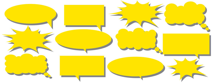 A set of chat box designs for comments on social media or comics in yellow on a white background. Vector designs of speech bubbles, text boxes, and conversational chat columns in comics.	
