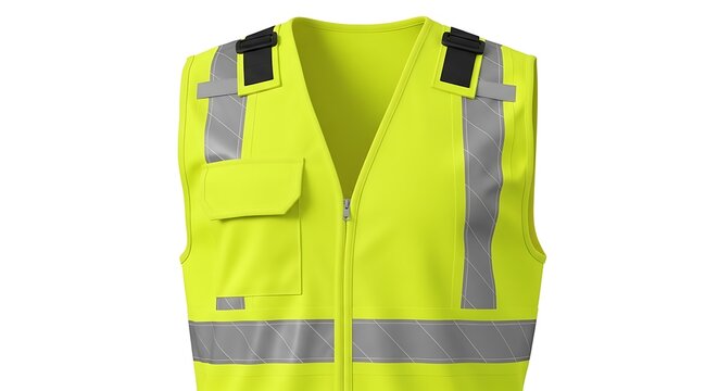 A neon yellow safety vest with reflective silver stripes and black adjustable straps on a white background