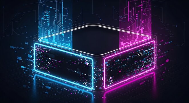 Cyberpunk style neon light cube frame floating over dark reflective surface with digital data streams