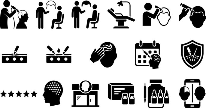 Scalp Micropigmentation Clinic and Service Silhouette Icon Set - SMP Artist Consultation and Client Journey
