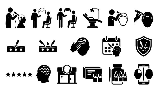 Scalp Micropigmentation Clinic and Service Silhouette Icon Set - SMP Artist Consultation and Client Journey
