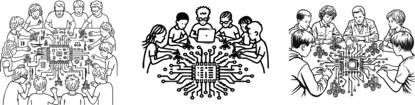 A captivating black and white vector illustration depicts an engaging robotics and coding class for middle school students, where diverse children interact with small programmable rovers around a