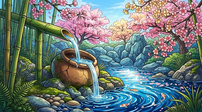 serene garden pond with water feature and blooming cherry blossoms