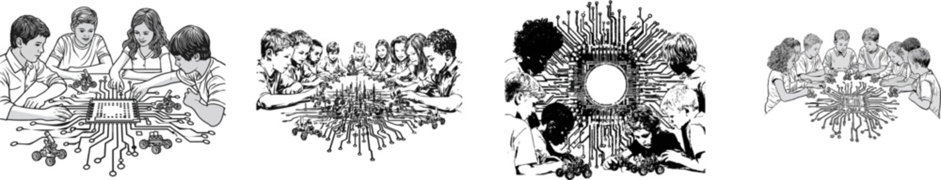 A captivating black-and-white vector illustration showcases middle school students enthusiastically engaging with small programmable rovers and a central circuit board model during an introductory