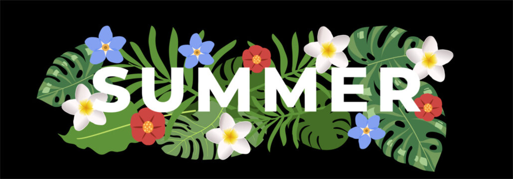 Tropical Summer Horizontal Banner with Exotic Leaves and Flowers on Black Background