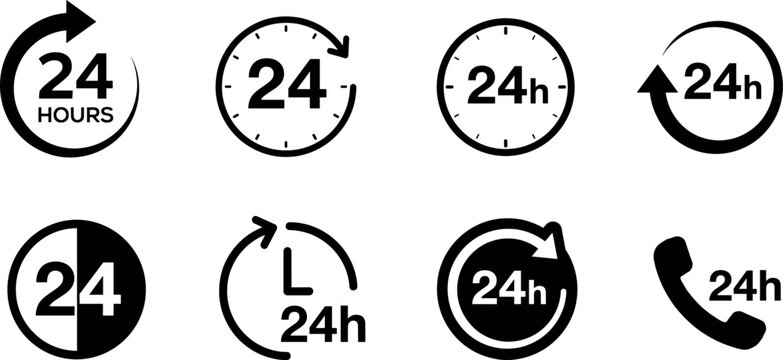 Set of eight black and white 24-hour service and availability