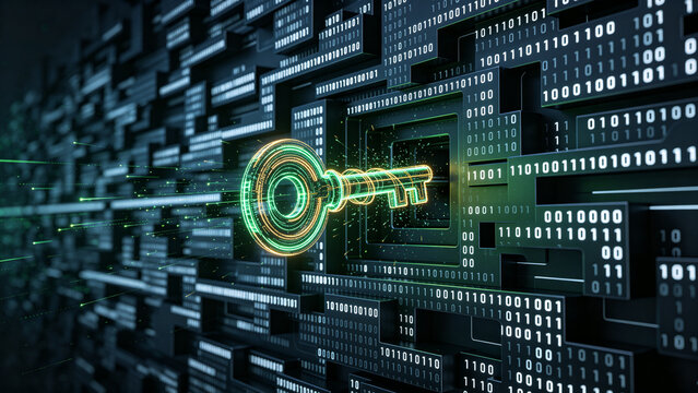 Glowing 3D Cryptographic Key Unlocking Digital Binary Maze Wall