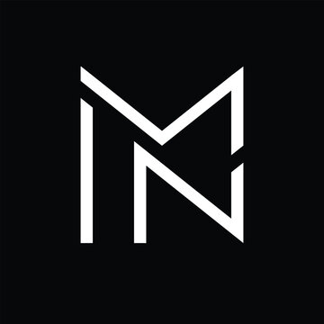 This is an initial logo design of letters MN in modern abstract shape. The logo looks sharp with thin lines in white color on a black background.	
