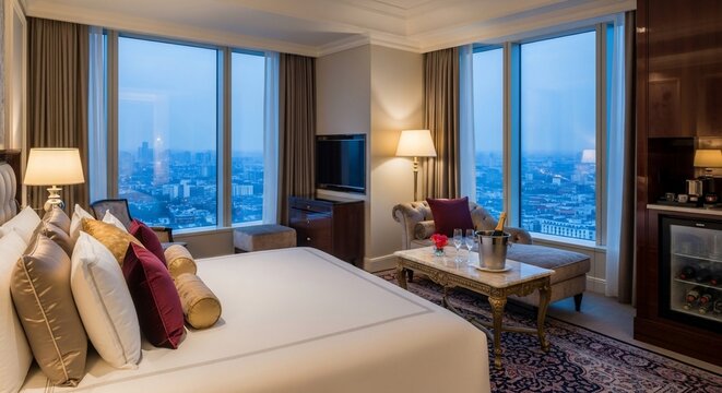 Luxury hotel room with city view and modern interior design