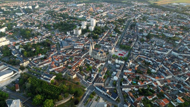 Aerial view beside the old town of the city  Cholet, France on a sunny summer morning