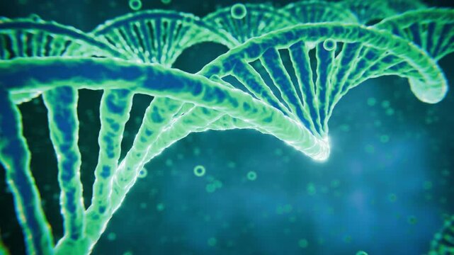 Sparkling 3D DNA Double Helix Illustration with Glowing Green Strands on Blue Background