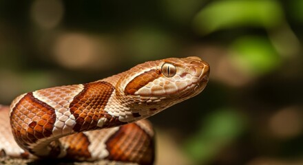 Fototapeta premium Copperhead Snake Coiled on Forest Floor With Detailed Scales and Woodland Background